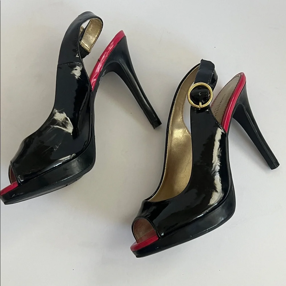Christian Siriano‎ Black and Red Peep Toe Slingback Heels